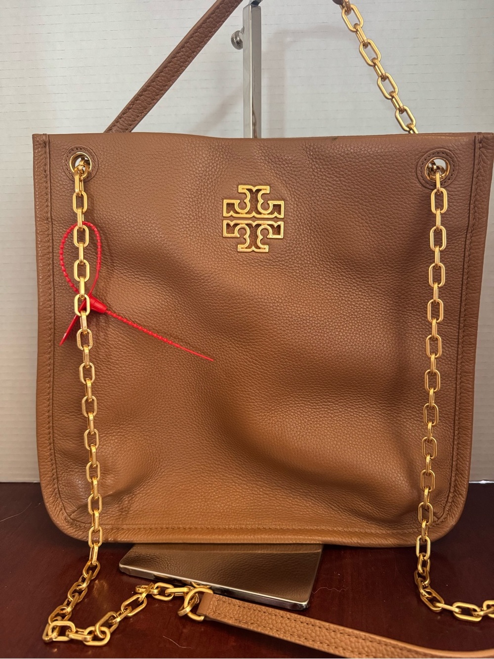 Tory Burch Cognac Pebbled Leather Shoulder Bag with Gold Chain